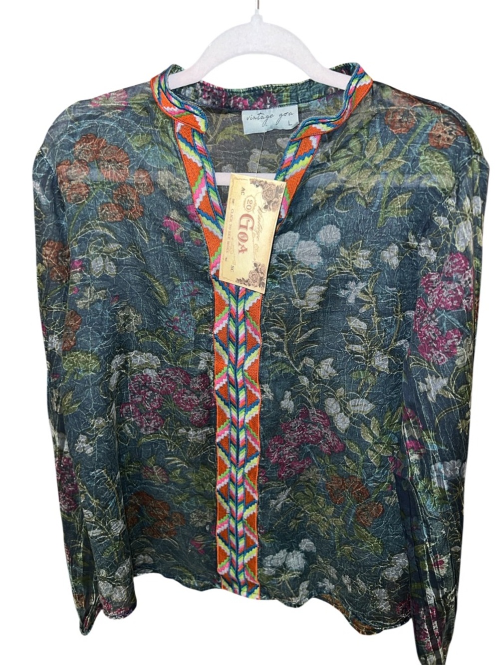 Vintage Goa Floral Tunic in Green w/Multicolor Aztec-design Trim Sz L